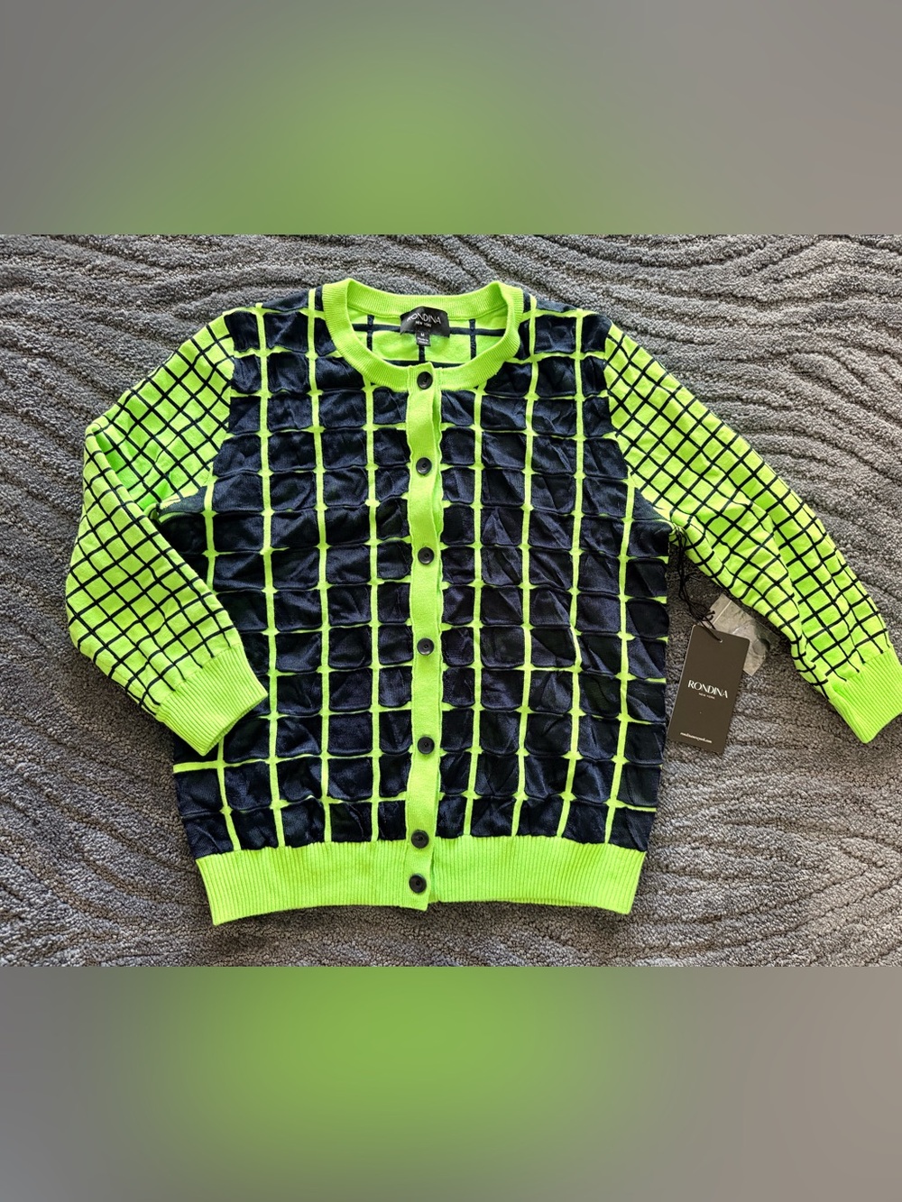 Rondina Neon Green & Navy Grid Cardigan nwt Med